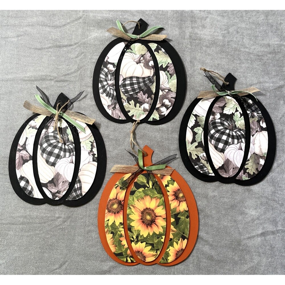 4 Fall Pumpkin Wall Decor Craft-Style Orange Black Sunflowers Ribbon Farmhouse